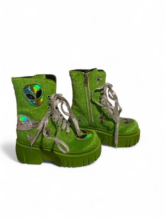 Club Exx Shoes - Green Alien Patch Platform Combat Boots